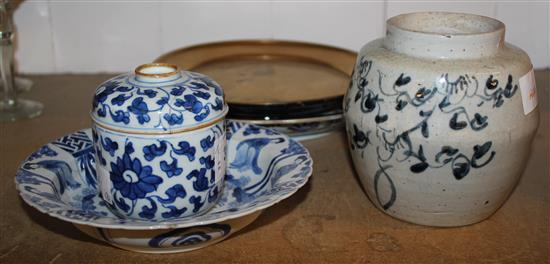 Kangxi blue/white plate, a similar jar and cover, Japanese jar, and dishes